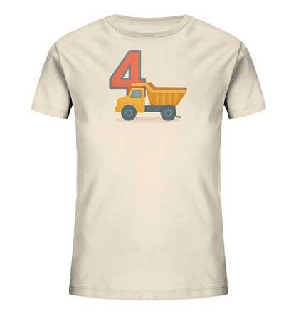 Onlineshop Shirts fuer Kinder - Dieses cremefarbene Kinder-T-Shirt zeigt ein farbenfrohes Motiv auf der Vorderseite. Ein gelber Kipplaster mit orangefarbener Ladeflaeche ist abgebildet. Links daneben steht die grosse rote Zahl 4 mit einem blauen Rand. Das Design ist verspielt und eignet sich gut fuer junge Kinder.
