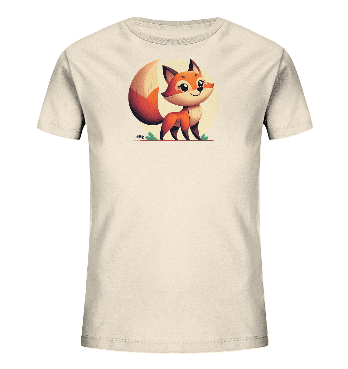 Onlineshop Shirts fuer Kinder - Das Bild zeigt ein beigefarbenes T-Shirt mit einem aufgedruckten, niedlichen Fuchs. Der Fuchs ist im Cartoon-Stil gestaltet, steht aufrecht und laechelt freundlich. Hinter ihm ist ein heller Kreis zu sehen und darunter etwas Gruen. Das Design verleiht dem Shirt einen verspielten Look.