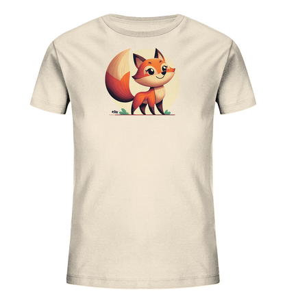 Kinder T-Shirt mit ein freundlicher orangefarbener Fuchs vor einem hellen Sonnenkreis
