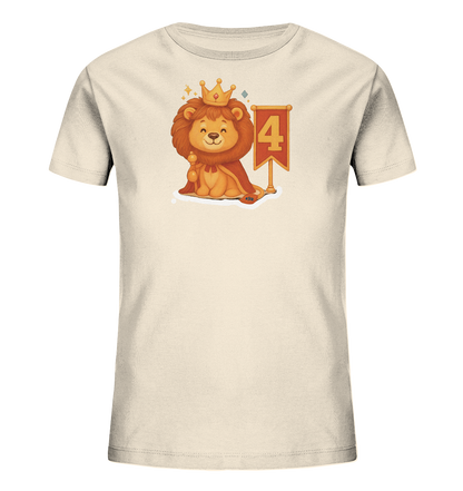 Kinder T-Shirt mit Löwenkönig, Krone, rotem Umhang und Zahl 4