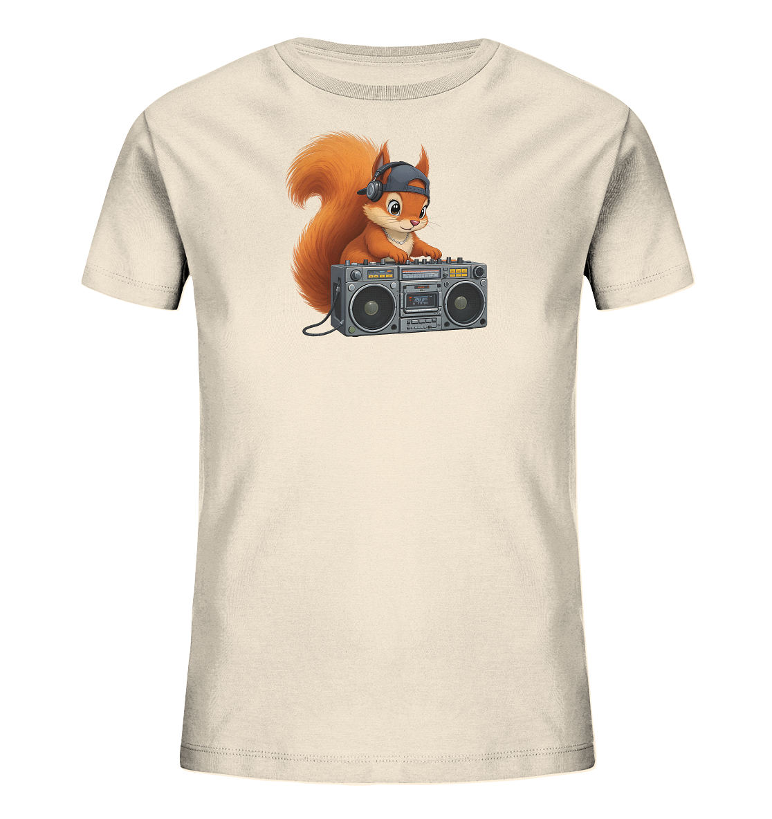 Kinder T-Shirt mit Eichhörnchen-DJ, Kopfhörern, Kappe und Boombox