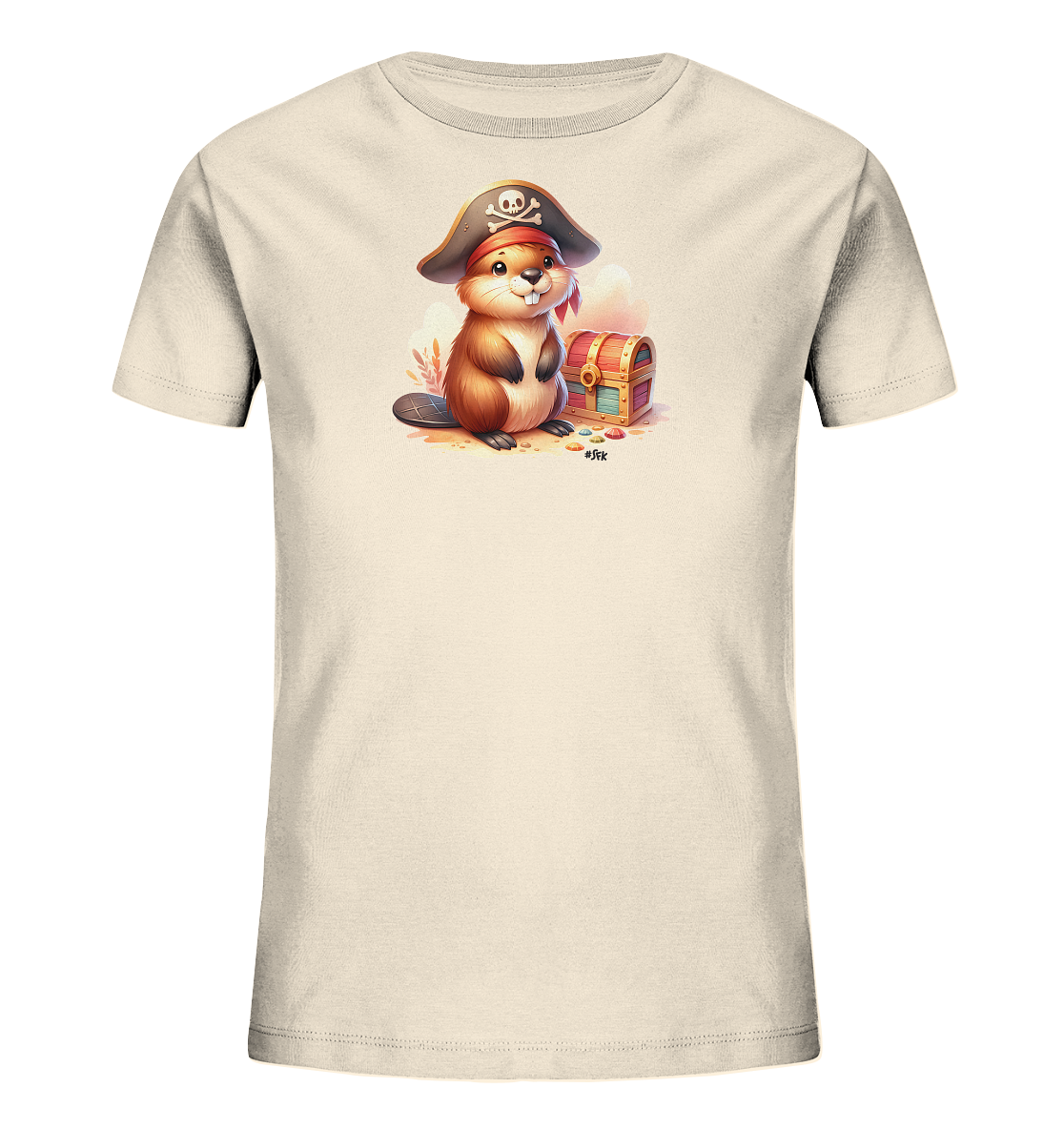 Onlineshop Shirts fuer Kinder - Das Bild zeigt ein hellbeiges Kinder-T-Shirt mit einem Motiv eines Cartoon-Bibers im Piratenkostuem. Der Biber traegt einen Piratenhut mit Totenkopf und sitzt neben einer kleinen Schatztruhe. Bunte Edelsteine liegen um die Truhe herum. Das Design ist verspielt und detailreich.