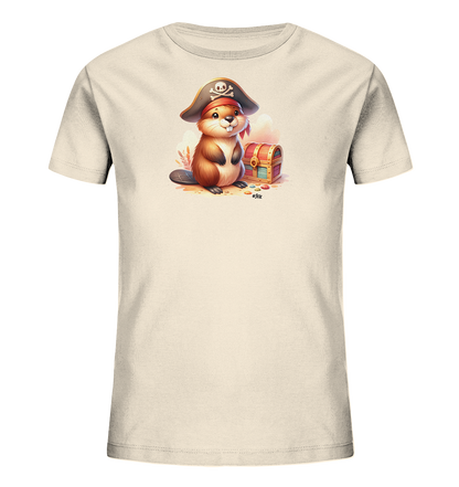 Onlineshop Shirts fuer Kinder - Das Bild zeigt ein hellbeiges Kinder-T-Shirt mit einem Motiv eines Cartoon-Bibers im Piratenkostuem. Der Biber traegt einen Piratenhut mit Totenkopf und sitzt neben einer kleinen Schatztruhe. Bunte Edelsteine liegen um die Truhe herum. Das Design ist verspielt und detailreich.