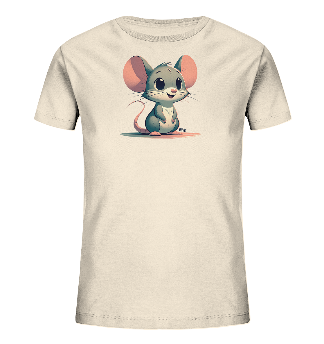 Onlineshop Shirts fuer Kinder - Das Bild zeigt ein cremefarbenes T-Shirt mit einem niedlichen Cartoon-Motiv einer Maus auf der Vorderseite. Die Maus ist grau mit grossen pinken Ohren, hat ein freundliches Laecheln und sitzt aufrecht. Die Illustration im Comic-Stil wirkt sehr ansprechend fuer Kinder. Das schlichte Design konzentriert sich auf den zentralen Druck.