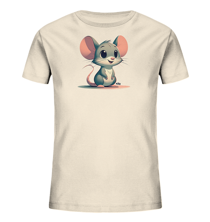 Onlineshop Shirts fuer Kinder - Das Bild zeigt ein cremefarbenes T-Shirt mit einem niedlichen Cartoon-Motiv einer Maus auf der Vorderseite. Die Maus ist grau mit grossen pinken Ohren, hat ein freundliches Laecheln und sitzt aufrecht. Die Illustration im Comic-Stil wirkt sehr ansprechend fuer Kinder. Das schlichte Design konzentriert sich auf den zentralen Druck.