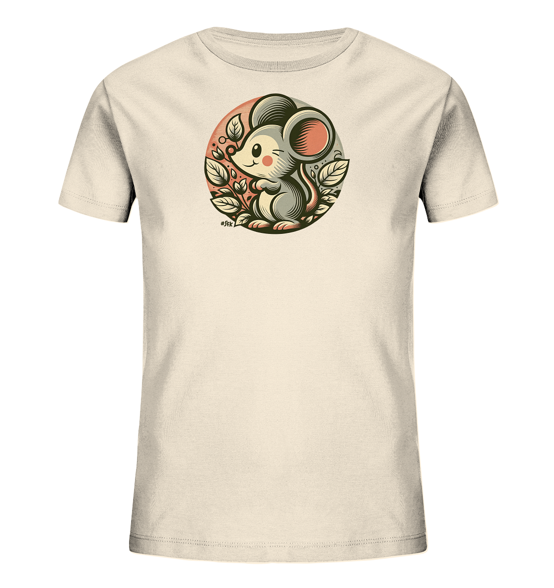 Onlineshop Shirts fuer Kinder - Das Bild zeigt ein beigefarbenes Kinder-T-Shirt mit einem runden Grafikdruck auf der Vorderseite. Zu sehen ist eine niedliche, cartoonartige Maus mit grossen Ohren, die zwinkernd und laechelnd sitzt. Die Maus ist von stilisierten Blaettern umgeben und innerhalb eines gestreiften Kreises platziert. Das Design wirkt verspielt und naturverbunden.