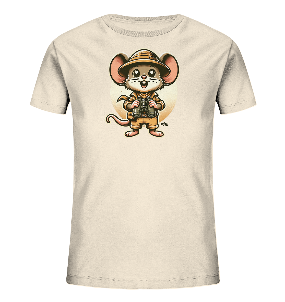Onlineshop Shirts fuer Kinder - Dieses cremefarbene T-Shirt fuer Kinder zeigt eine niedliche Cartoon-Maus im Entdecker-Outfit. Die Maus traegt einen Hut, eine Weste und haelt ein Fernglas in den Pfoten. Im Hintergrund ist eine gelbe Kreisgrafik zu sehen. Das Design ist froehlich und verspielt, ideal fuer kleine Abenteurer.