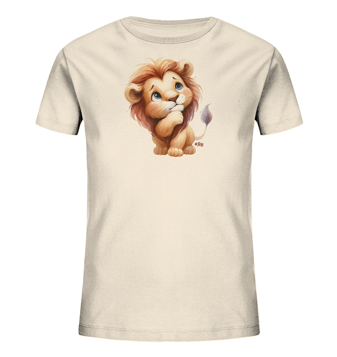 Kinder T-Shirt mit nachdenklichem Cartoon-Löwen und großen blauen Augen
