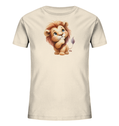 Kinder T-Shirt mit nachdenklichem Cartoon-Löwen und großen blauen Augen