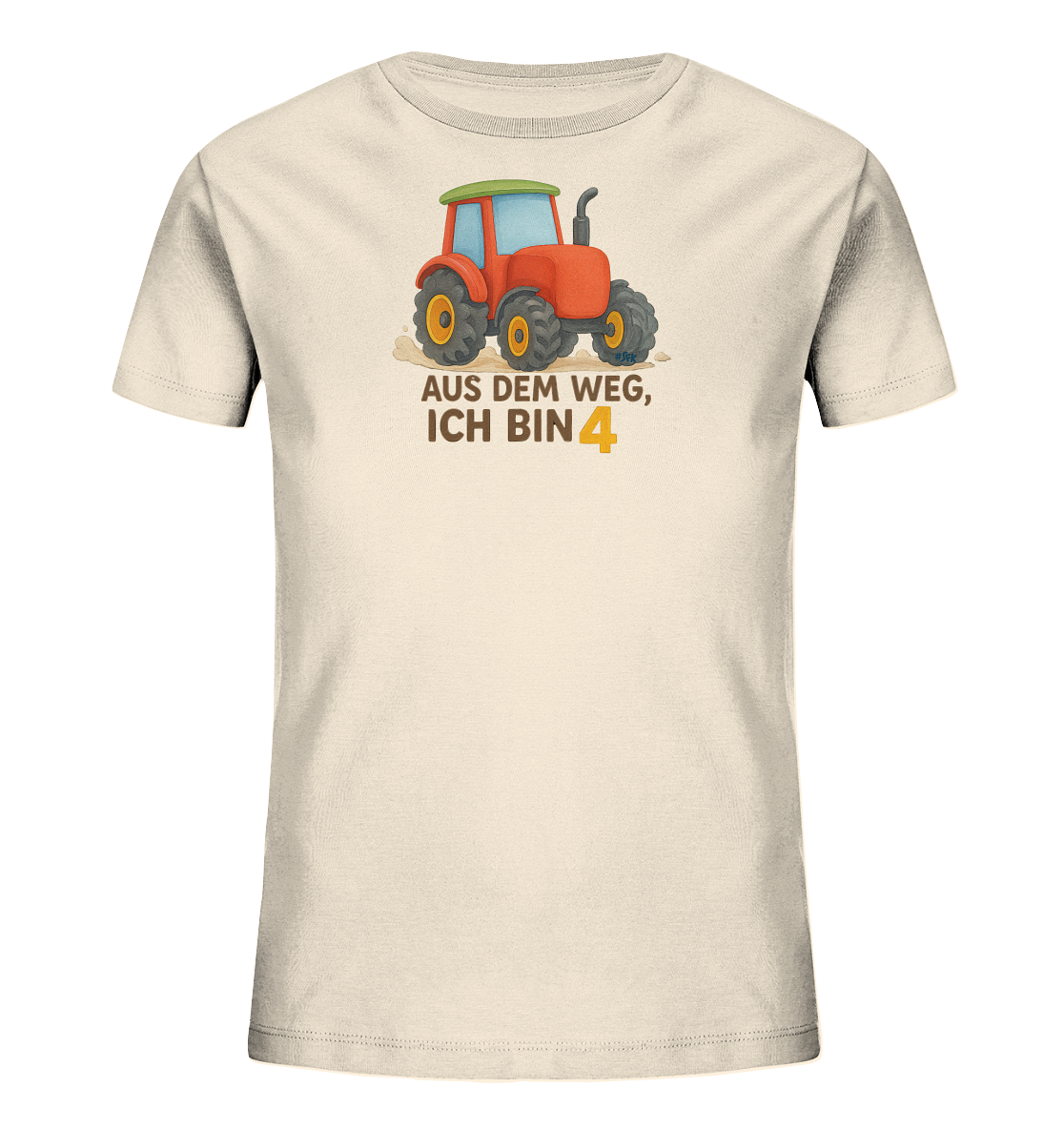 Onlineshop Shirts fuer Kinder - Das Bild zeigt ein beigefarbenes Kinder-T-Shirt mit einer farbigen Illustration eines roten Traktors auf der Vorderseite. Unter dem Traktor ist eine grosse, leuchtend orangefarbene Zahl Vier platziert. Dieses Design ist ideal fuer kleine Traktor-Fans. Es wirkt froehlich und altersgerecht.