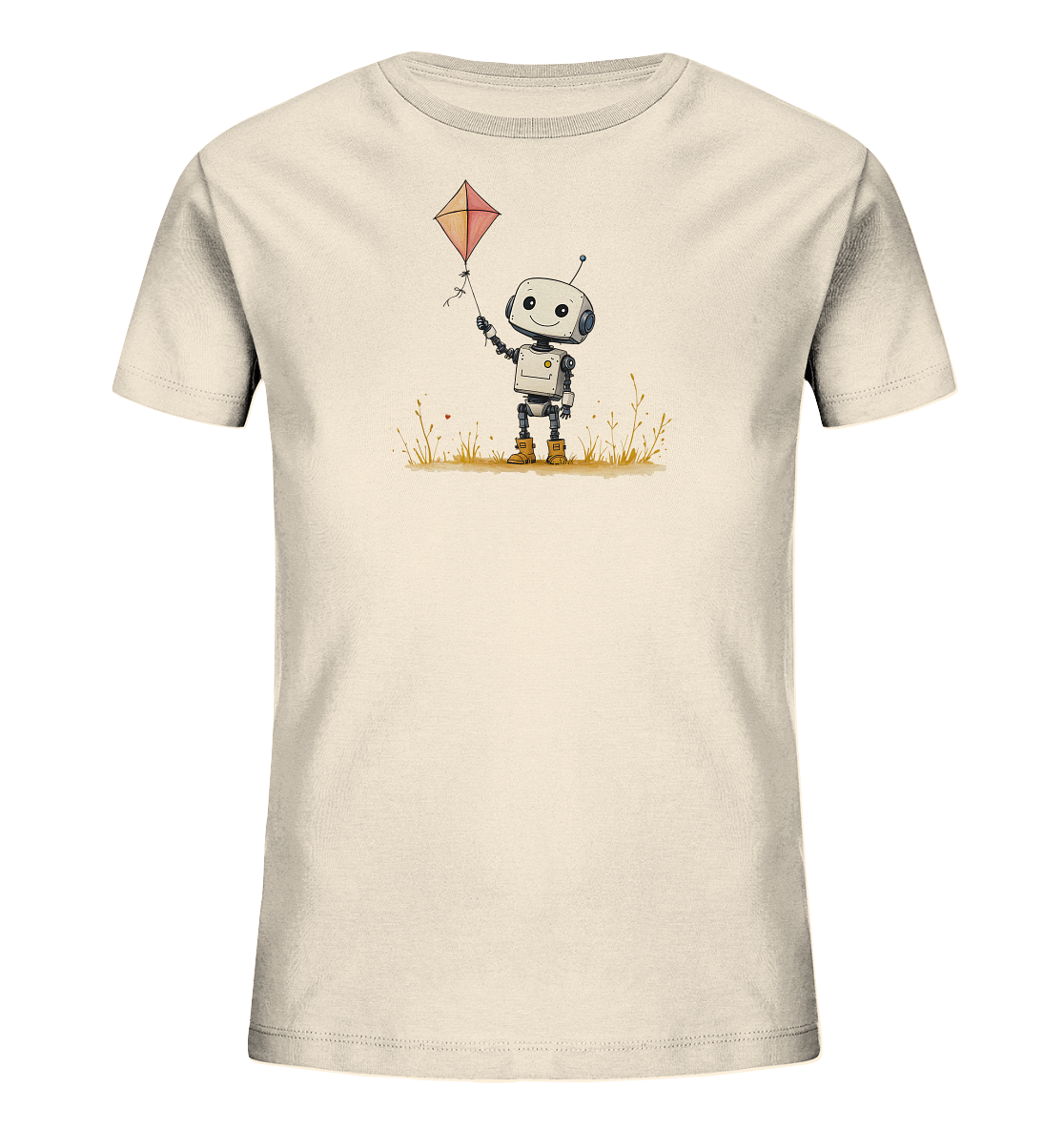 Onlineshop Shirts für Kinder - Das Bild zeigt ein cremefarbenes T-Shirt für Kinder mit einem freundlichen Roboter als Hauptmotiv. Der Roboter ist cartoonhaft dargestellt, hält einen bunten Drachen in der Hand und hat ein lächelndes Gesicht. Unter dem Roboter sind stilisierte Gräser und kleine rote Punkte zu sehen. Das Design wirkt fröhlich und verspielt, ideal für kleine Abenteurer.