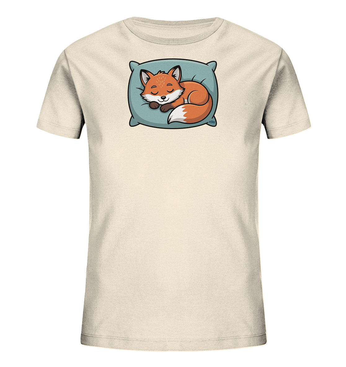Onlineshop Shirts fuer Kinder - Das Bild zeigt ein hellbeiges Kinder-T-Shirt. Auf der Vorderseite ist ein suesser, schlafender Fuchs abgebildet, der sich gemuetlich auf einem hellblauen Kissen zusammengerollt hat. Das Cartoon-Motiv des Fuchses mit geschlossenen Augen wirkt friedlich und kindgerecht.