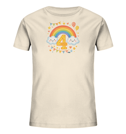 Onlineshop Shirts fuer Kinder - Das T-Shirt zeigt einen bunten Regenbogen mit laechelnden Wolken. Im Vordergrund steht die grosse, gelbe Zahl 4, umgeben von festlichen Elementen wie Sternen, Herzen und Wimpelketten. Das Design wirkt froehlich und farbenfroh, ideal fuer Kinder. Das Shirt selbst hat eine helle, neutrale Farbe.