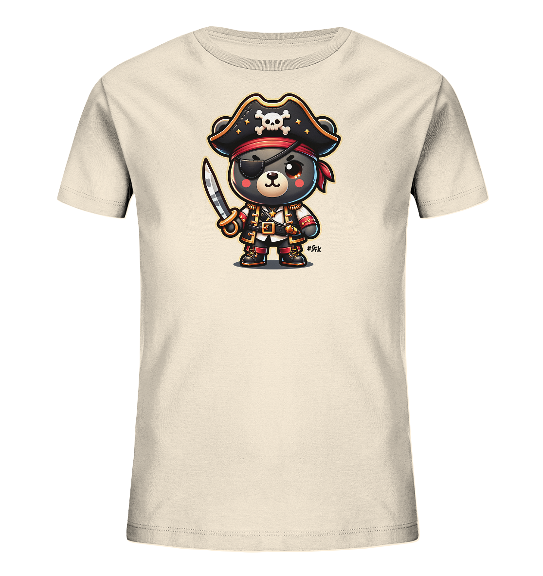 Onlineshop Shirts fuer Kinder - Das Bild zeigt ein hellbeiges Kinder T-Shirt. Darauf ist eine niedliche Grafik eines Baeren in Piratenkleidung abgebildet. Der Baer traegt einen Piratenhut mit Totenkopf, eine Augenklappe und haelt einen Saebel. Dieses Motiv verleiht dem Shirt einen abenteuerlichen und verspielten Charakter.