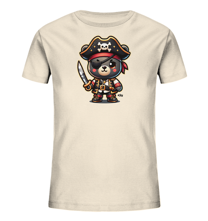 Onlineshop Shirts fuer Kinder - Das Bild zeigt ein hellbeiges Kinder T-Shirt. Darauf ist eine niedliche Grafik eines Baeren in Piratenkleidung abgebildet. Der Baer traegt einen Piratenhut mit Totenkopf, eine Augenklappe und haelt einen Saebel. Dieses Motiv verleiht dem Shirt einen abenteuerlichen und verspielten Charakter.