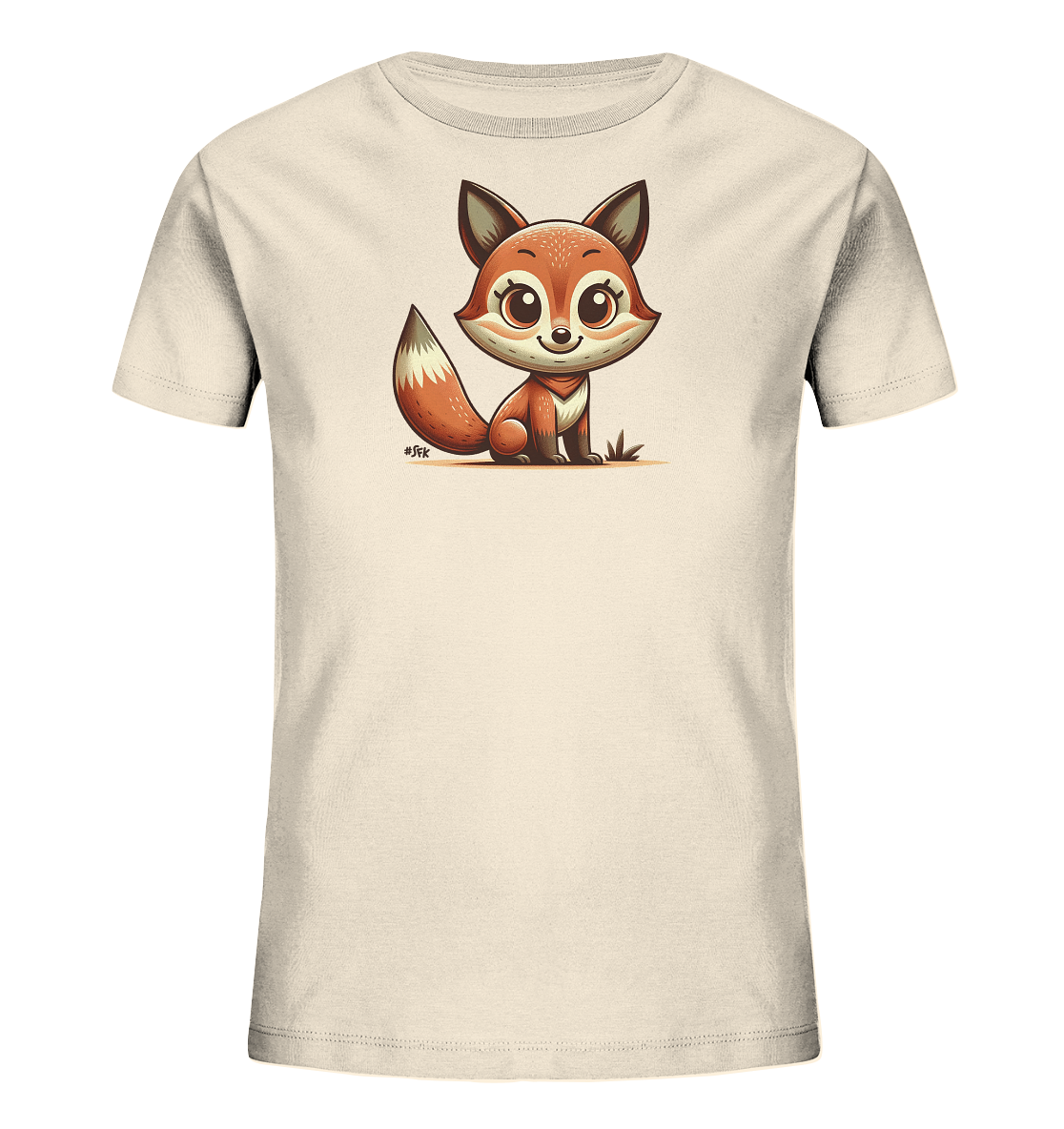 Onlineshop Shirts fuer Kinder - Das Bild zeigt ein beigefarbenes Kinder-T-Shirt mit einer niedlichen Illustration eines Fuchses. Der Cartoon-Fuchs sitzt aufrecht auf einer kleinen Grasflaeche und hat grosse, freundliche Augen. Dieses Design verleiht dem Shirt einen verspielten und ansprechenden Charakter.