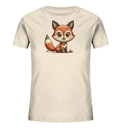 Onlineshop Shirts fuer Kinder - Das Bild zeigt ein beigefarbenes Kinder-T-Shirt mit einer niedlichen Illustration eines Fuchses. Der Cartoon-Fuchs sitzt aufrecht auf einer kleinen Grasflaeche und hat grosse, freundliche Augen. Dieses Design verleiht dem Shirt einen verspielten und ansprechenden Charakter.
