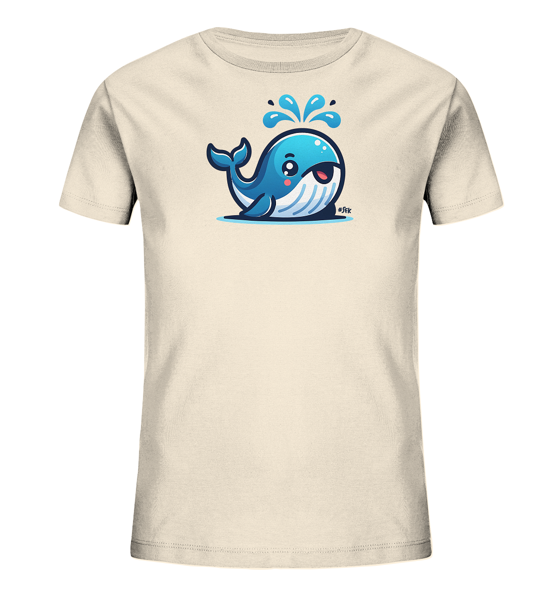 Onlineshop Shirts fuer Kinder - Das Bild zeigt ein beigefarbenes Kinder-T-Shirt mit einem froehlichen und bunten Grafikdruck auf der Vorderseite. Abgebildet ist ein niedlicher, cartoonartiger blauer Wal, der laechelnd Wasser aus seinem Blasloch spritzt. Das Design ist freundlich und verspielt, ideal fuer Kinder. Das Shirt wird vor einem schwarzen Hintergrund praesentiert.