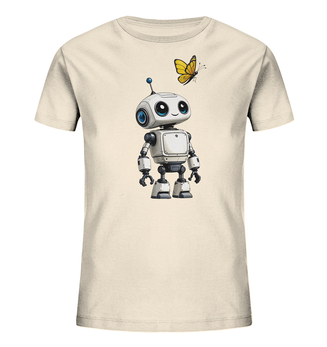 Onlineshop Shirts für Kinder - Das Bild zeigt ein hellbeiges T-Shirt für Kinder, das mit einem charmanten Motiv bedruckt ist. Im Zentrum des Designs steht ein kleiner, weißer Roboter mit freundlichem Lächeln, großen blauen Augen und einer Antenne auf dem Kopf. Über dem Roboter fliegt ein leuchtend gelber Schmetterling, der dem Motiv eine verspielte Note verleiht. Dieses Design wirkt fröhlich und ansprechend und ist ideal für ein Kinderkleidungsstück.