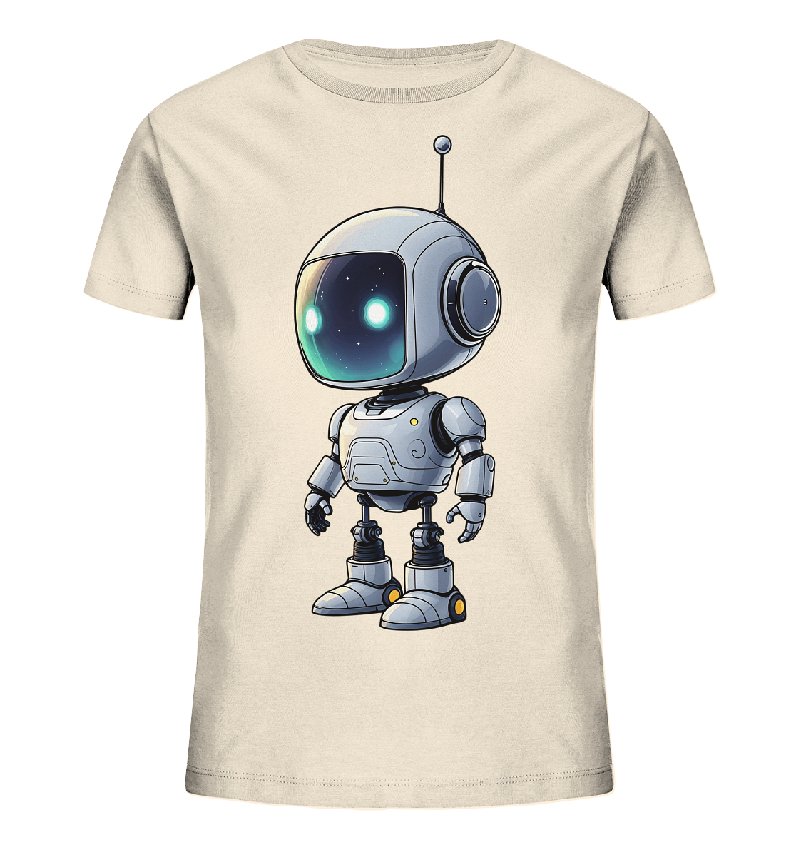 Onlineshop Shirts für Kinder - Das Bild zeigt ein beigefarbenes Kinder-T-Shirt mit einem großen Druck auf der Vorderseite. Abgebildet ist ein niedlicher, stilisierter Roboter im Comic-Stil. Der Roboter hat einen runden Kopf mit einer transparenten Scheibe, die einen Sternenhimmel und leuchtende Augen zeigt. Sein Körper ist detailliert in Grautönen gestaltet und verfügt über eine Antenne auf dem Kopf. Das gesamte Design verleiht dem Shirt einen verspielten, modernen Look.