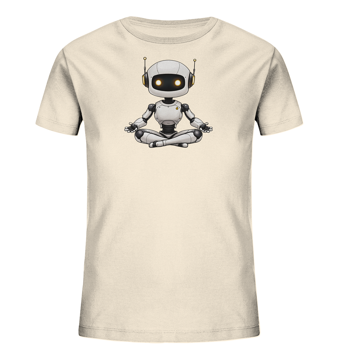 Onlineshop Shirts für Kinder - Das Bild zeigt ein hellbeiges oder cremefarbenes T-Shirt. Auf der Vorderseite ist mittig eine Grafik eines kleinen, weißen Roboters abgebildet. Der Roboter sitzt in einer Meditationspose mit gekreuzten Beinen und die Hände ruhen auf den Knien, wobei die Augenpartie mit gelben Lichtern versehen ist. Die Illustration ist im Cartoon-Stil gehalten und wirkt ruhig und ausgeglichen.