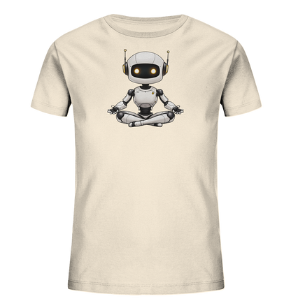 Onlineshop Shirts für Kinder - Das Bild zeigt ein hellbeiges oder cremefarbenes T-Shirt. Auf der Vorderseite ist mittig eine Grafik eines kleinen, weißen Roboters abgebildet. Der Roboter sitzt in einer Meditationspose mit gekreuzten Beinen und die Hände ruhen auf den Knien, wobei die Augenpartie mit gelben Lichtern versehen ist. Die Illustration ist im Cartoon-Stil gehalten und wirkt ruhig und ausgeglichen.