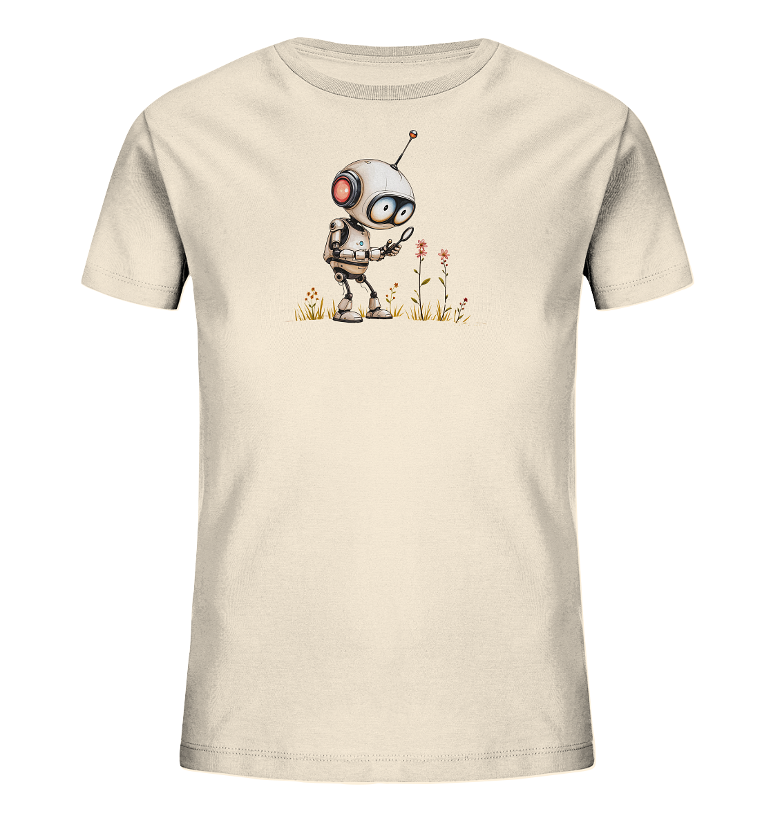 Onlineshop Shirts für Kinder - Das Bild zeigt ein helles, cremefarbenes Kinder-T-Shirt. Auf der Vorderseite ist eine detailreiche Illustration eines kleinen Roboters zu sehen. Der freundlich aussehende Roboter hält eine Lupe in der Hand und betrachtet aufmerksam eine kleine pinke Blume im Gras. Das Design umfasst auch weitere zarte Pflanzen und vermittelt eine Szene der Entdeckung und Neugier.