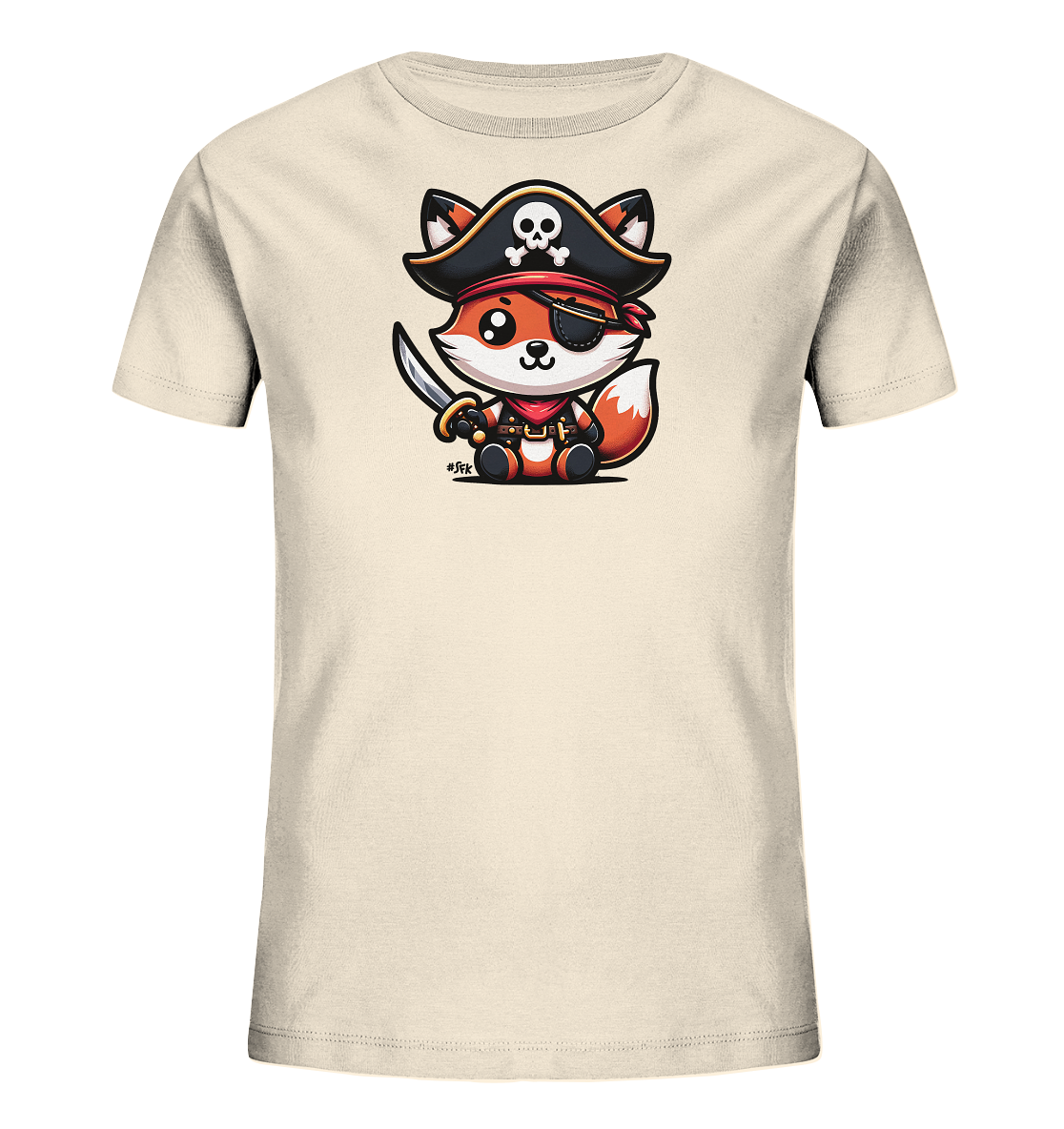 Onlineshop Shirts fuer Kinder - Das Bild zeigt ein cremefarbenes T-Shirt fuer Kinder. Auf der Vorderseite ist eine detailreiche und niedliche Illustration eines Fuchses im Piratenkostuem zu sehen. Der Fuchs traegt einen Piratenhut mit Totenkopf, eine Augenklappe und haelt einen kleinen Saebel. Die Grafik verleiht dem Shirt einen abenteuerlichen und verspielten Look.