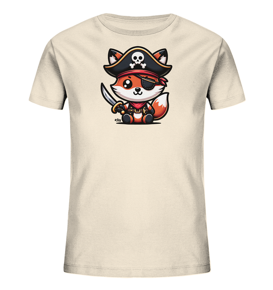Onlineshop Shirts fuer Kinder - Das Bild zeigt ein cremefarbenes T-Shirt fuer Kinder. Auf der Vorderseite ist eine detailreiche und niedliche Illustration eines Fuchses im Piratenkostuem zu sehen. Der Fuchs traegt einen Piratenhut mit Totenkopf, eine Augenklappe und haelt einen kleinen Saebel. Die Grafik verleiht dem Shirt einen abenteuerlichen und verspielten Look.