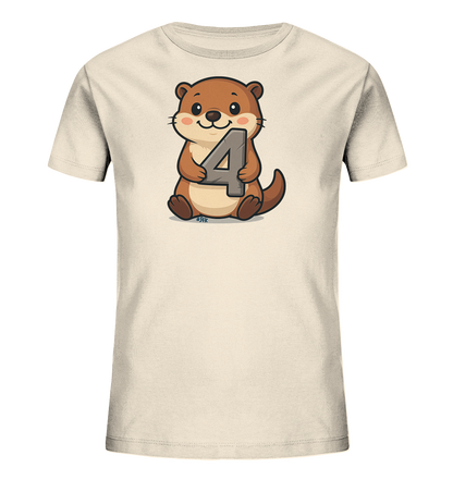 Onlineshop Shirts fuer Kinder - Das Bild zeigt ein beiges Kinder T-Shirt mit einer Cartoon-Grafik. Darauf ist ein niedlicher, brauner Otter abgebildet, der die Zahl 4 haelt. Der Otter sitzt laechelnd und hat rosige Wangen. Das Motiv ist ideal fuer junge Otter-Fans.