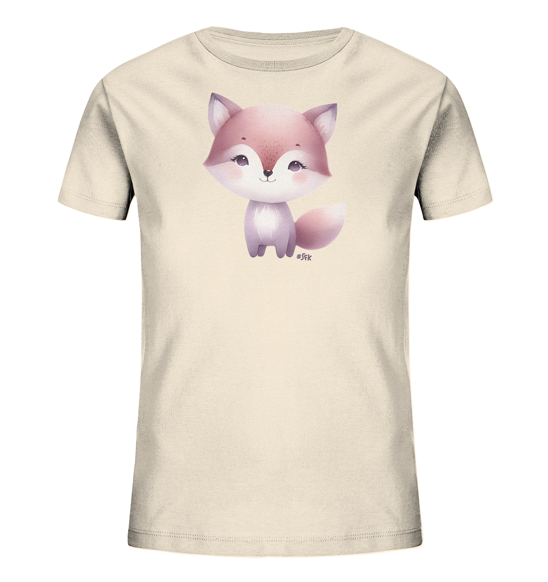 Onlineshop Shirts fuer Kinder - Das Bild zeigt ein helles Kinder-T-Shirt mit einer niedlichen Illustration eines Fuchses auf der Vorderseite. Der Fuchs ist in sanften Rosa- und Violetttoenen gehalten und sitzt aufrecht, mit grossen Augen und einem freundlichen Ausdruck. Die Illustration hat einen verspielten Cartoon-Stil und verleiht dem Shirt einen charmanten Look, passend fuer Kinder.