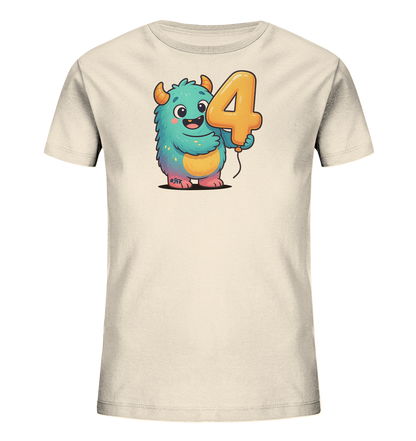 Onlineshop Shirts fuer Kinder - Das Bild zeigt ein cremefarbenes Kinder-T-Shirt mit einem farbenfrohen Monster-Motiv auf der Vorderseite. Das suesse, tuerkisfarbene Monster hat orangefarbene Hoerner und haelt einen grossen, orangen Ballon in Form der Zahl vier. Das Design ist verspielt gestaltet und spricht Kinder an.