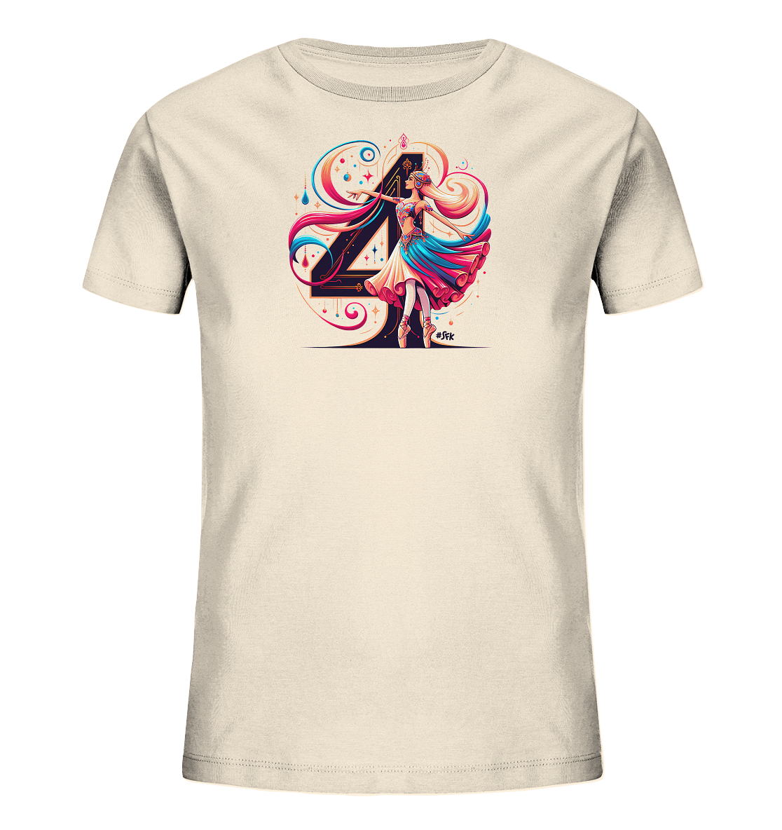 Onlineshop Shirts fuer Kinder - Das Bild zeigt ein beigefarbenes Kinder-T-Shirt mit einem kunstvollen Motiv. Auf der Vorderseite ist eine grosse, stilisierte Zahl Vier zu sehen, davor eine Ballerina in einem farbenfrohen Kleid in Tanzpose. Um die Zahl und Taenzerin ranken sich dynamische, bunte Linien und kleine Sterne. Das Design wirkt lebhaft und detailreich, ideal fuer kleine Tanzfans.