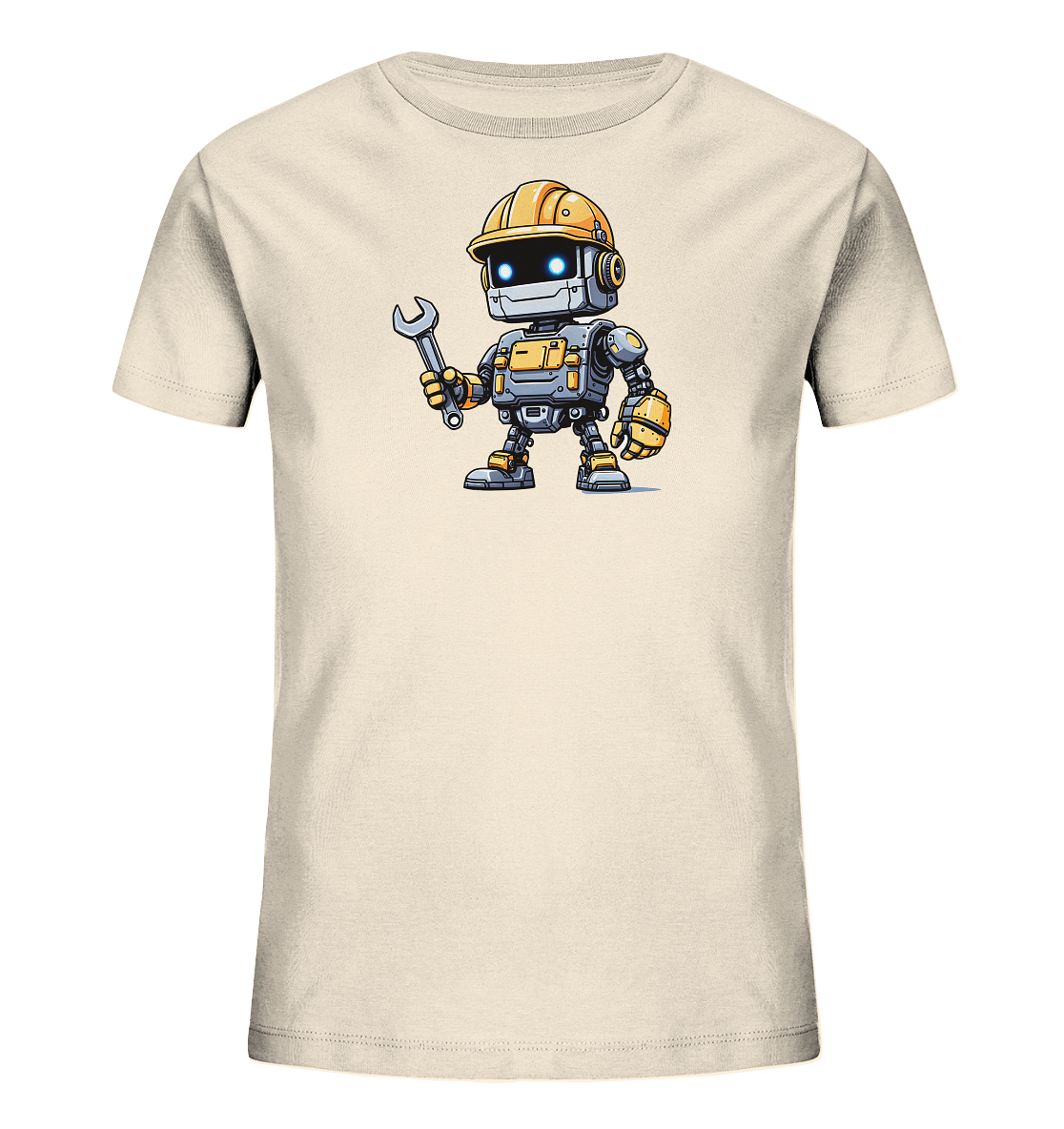 Onlineshop Shirts für Kinder - Das Bild zeigt ein hellbeiges Kinder-T-Shirt, auf dessen Vorderseite ein Comic-ähnlicher Roboter gedruckt ist. Der Roboter trägt einen gelben Bauarbeiterhelm und hält einen Schraubenschlüssel in der Hand. Er ist in Grau- und Gelbtönen gehalten und hat leuchtend blaue Augen. Die Darstellung ist scharf und befindet sich prominent auf der Brust des Shirts.
