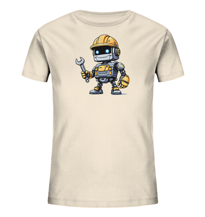 Onlineshop Shirts für Kinder - Das Bild zeigt ein hellbeiges Kinder-T-Shirt, auf dessen Vorderseite ein Comic-ähnlicher Roboter gedruckt ist. Der Roboter trägt einen gelben Bauarbeiterhelm und hält einen Schraubenschlüssel in der Hand. Er ist in Grau- und Gelbtönen gehalten und hat leuchtend blaue Augen. Die Darstellung ist scharf und befindet sich prominent auf der Brust des Shirts.