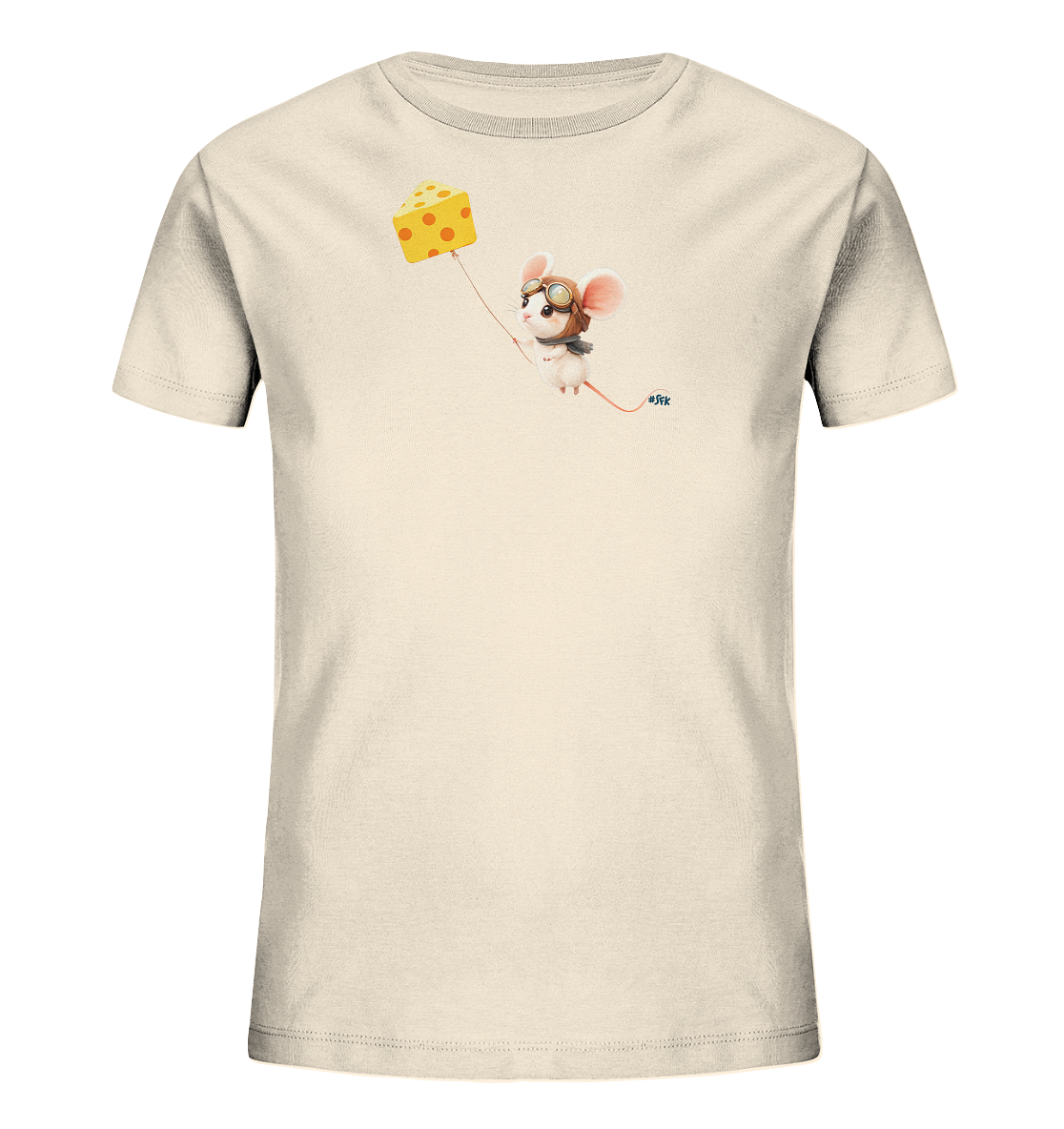 Onlineshop Shirts fuer Kinder - Das Bild zeigt ein helles, einfarbiges Kinder-T-Shirt. Auf der Vorderseite ist eine niedliche Cartoon-Maus mit Fliegerbrille und Halstuch abgebildet. Die Maus schwebt scheinbar und haelt einen Faden, der zu einem schwebenden Stueck Kaese fuehrt. Das verspielte Design verleiht dem Shirt einen froehlichen und fantasievollen Charakter.