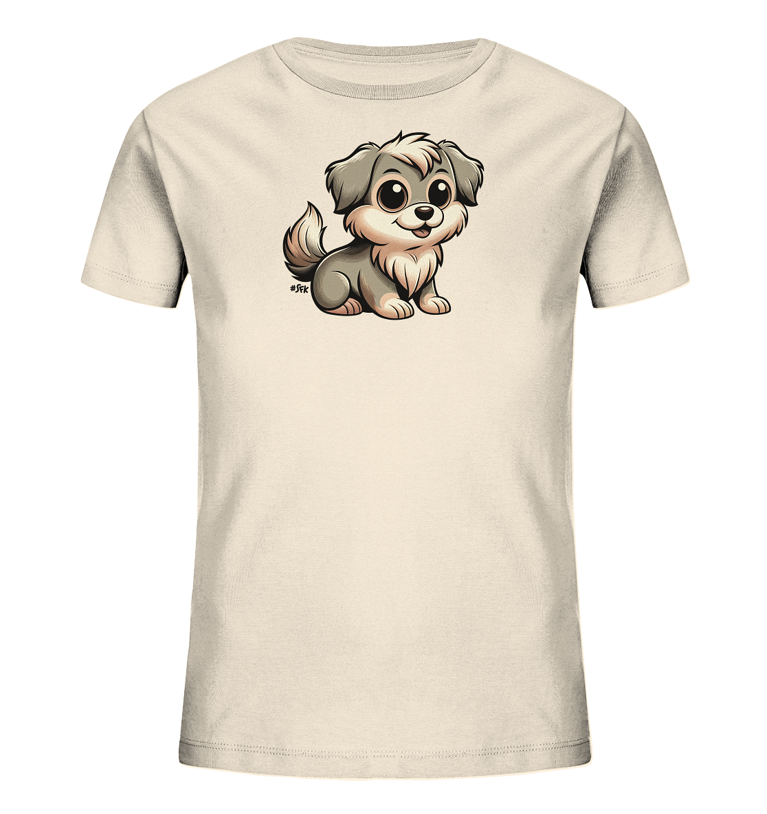 Onlineshop Shirts fuer Kinder - Das Bild zeigt ein hellbeiges Kinder-T-Shirt. Auf der Vorderseite ist eine niedliche, cartoonhafte Illustration eines kleinen Hundes zu sehen. Der Hund hat flauschiges, graues und beiges Fell, grosse, freundliche Augen und sitzt in einer aufrechten Position.