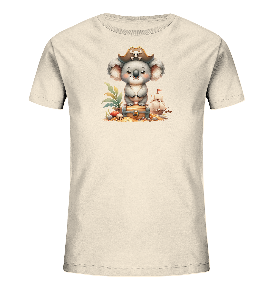 Kinder T-Shirt mit ein Koala mit Piratenhut auf einer Schatzkiste