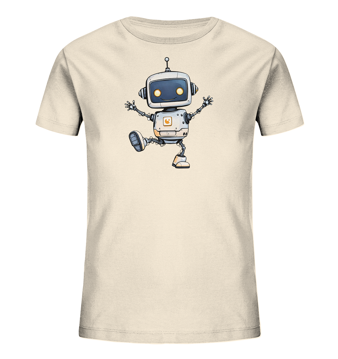 Onlineshop Shirts für Kinder - Das Bild zeigt ein cremefarbenes Kinder-T-Shirt mit einem lustigen Roboter-Design auf der Vorderseite. Der cartoonartige Roboter ist silbergrau mit blauen und orangefarbenen Akzenten und hat große, runde Augen, die leuchten. Er ist in einer dynamischen Pose dargestellt, die wirkt, als würde er tanzen oder springen, mit einem Bein angehoben und den Armen ausgebreitet. Das Design verleiht dem schlichten Shirt einen verspielten und modernen Touch, der Kinder ansprechen dürfte.