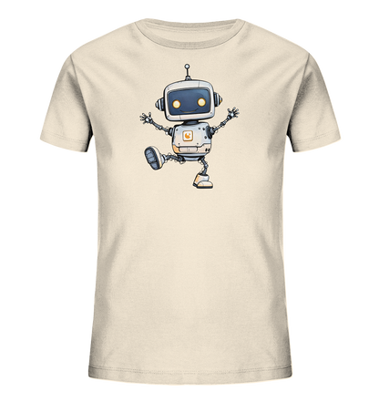 Onlineshop Shirts für Kinder - Das Bild zeigt ein cremefarbenes Kinder-T-Shirt mit einem lustigen Roboter-Design auf der Vorderseite. Der cartoonartige Roboter ist silbergrau mit blauen und orangefarbenen Akzenten und hat große, runde Augen, die leuchten. Er ist in einer dynamischen Pose dargestellt, die wirkt, als würde er tanzen oder springen, mit einem Bein angehoben und den Armen ausgebreitet. Das Design verleiht dem schlichten Shirt einen verspielten und modernen Touch, der Kinder ansprechen dürfte.
