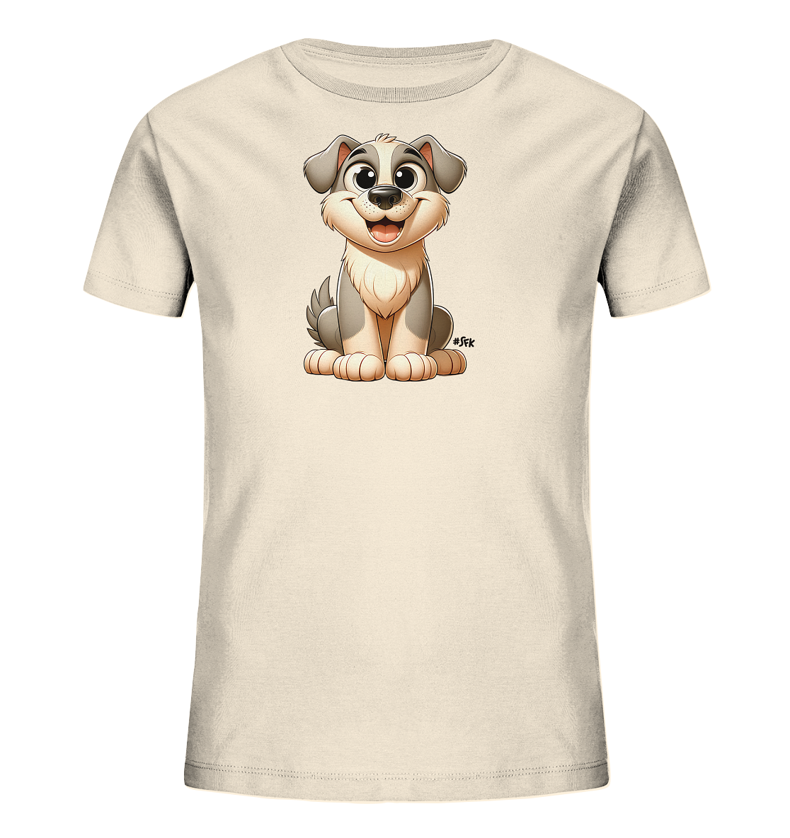 Onlineshop Shirts fuer Kinder - Das Bild zeigt ein hellbeiges T-Shirt fuer Kinder. Auf der Vorderseite ist eine detaillierte und freundliche Cartoon-Illustration eines sitzenden Hundes zu sehen. Der Hund hat grosse Augen und ein offenes Laecheln, sein Fell ist in Grau- und Beigetoenen gehalten. Dieses verspielte Design verleiht dem Shirt einen froehlichen Charakter.