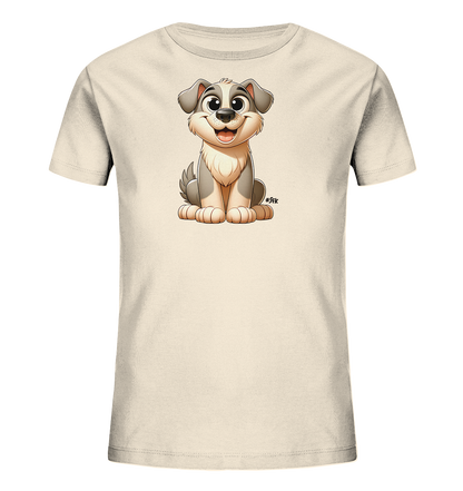 Onlineshop Shirts fuer Kinder - Das Bild zeigt ein hellbeiges T-Shirt fuer Kinder. Auf der Vorderseite ist eine detaillierte und freundliche Cartoon-Illustration eines sitzenden Hundes zu sehen. Der Hund hat grosse Augen und ein offenes Laecheln, sein Fell ist in Grau- und Beigetoenen gehalten. Dieses verspielte Design verleiht dem Shirt einen froehlichen Charakter.
