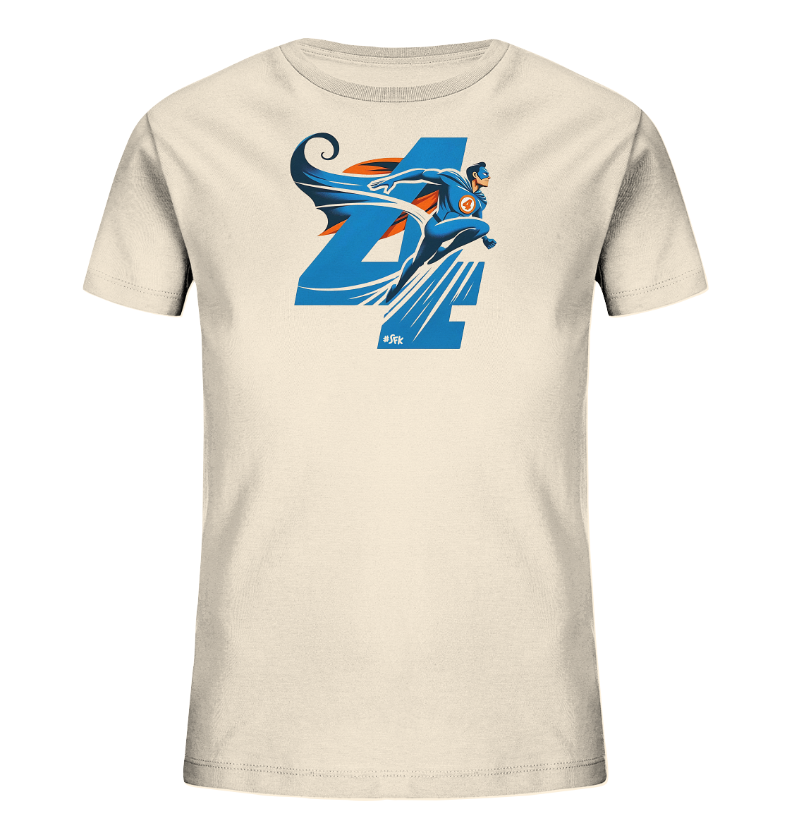 Onlineshop Shirts fuer Kinder - Dieses cremefarbene T-Shirt zeigt ein dynamisches Motiv mit der grossen Zahl 4 in Blau. Eine stilisierte Figur in einem blauen Anzug und orangefarbener Maske springt ueber der Zahl. Die Figur hat einen wehenden Umhang, und weisse Linien verstaerken den Eindruck von Bewegung. Das Design ist auffaellig und verspielt.