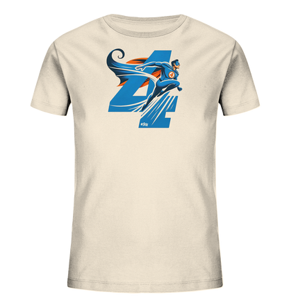 Onlineshop Shirts fuer Kinder - Dieses cremefarbene T-Shirt zeigt ein dynamisches Motiv mit der grossen Zahl 4 in Blau. Eine stilisierte Figur in einem blauen Anzug und orangefarbener Maske springt ueber der Zahl. Die Figur hat einen wehenden Umhang, und weisse Linien verstaerken den Eindruck von Bewegung. Das Design ist auffaellig und verspielt.