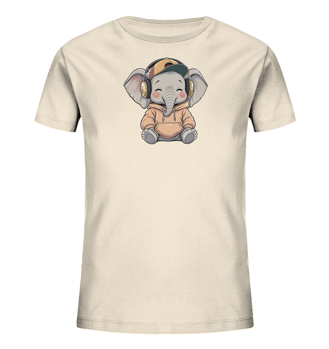 Onlineshop Shirts fuer Kinder - Das Bild zeigt ein hellbeiges Kinder-T-Shirt mit einem niedlichen Cartoon-Elefantenmotiv. Der Elefant traegt einen hellbraunen Kapuzenpullover, eine mehrfarbige Kappe und goldene Kopfhoerer. Er sitzt in einer freundlichen Pose mit geschlossenen Augen und rosigen Wangen. Das Design verleiht dem Shirt einen verspielten und charmanten Charakter.