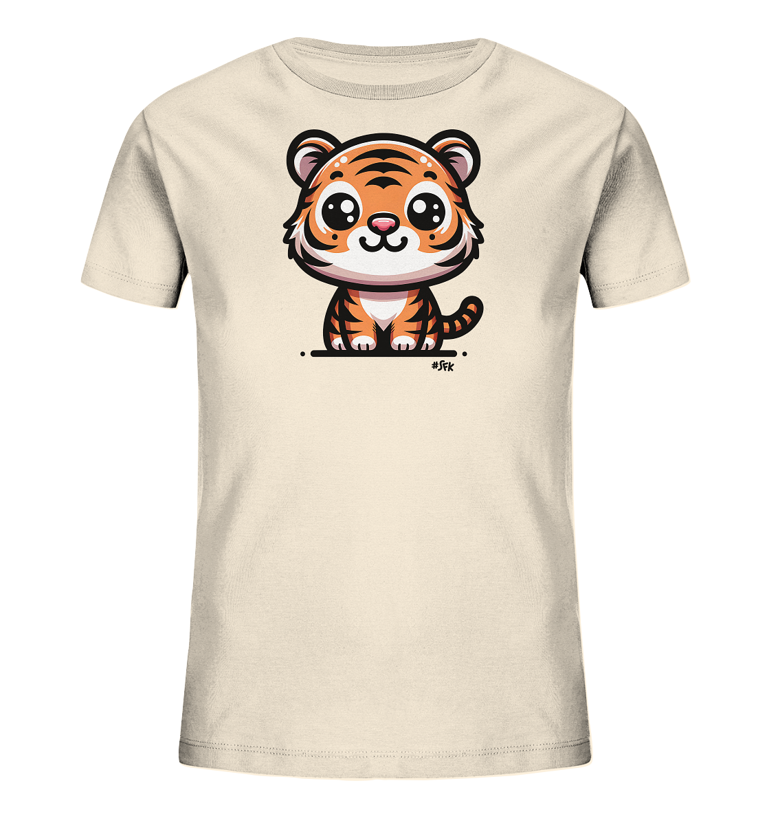 Onlineshop Shirts fuer Kinder - Das Bild zeigt ein hellbeiges Kinder-T-Shirt mit einer grossen, niedlichen Illustration eines Tigerbabys. Der Cartoon-Tiger hat grosse Kulleraugen, orange-schwarzes Fell und sitzt aufrecht auf einem kleinen schwarzen Strich. Das Design ist farbenfroh und verspielt, ideal fuer Kinder.