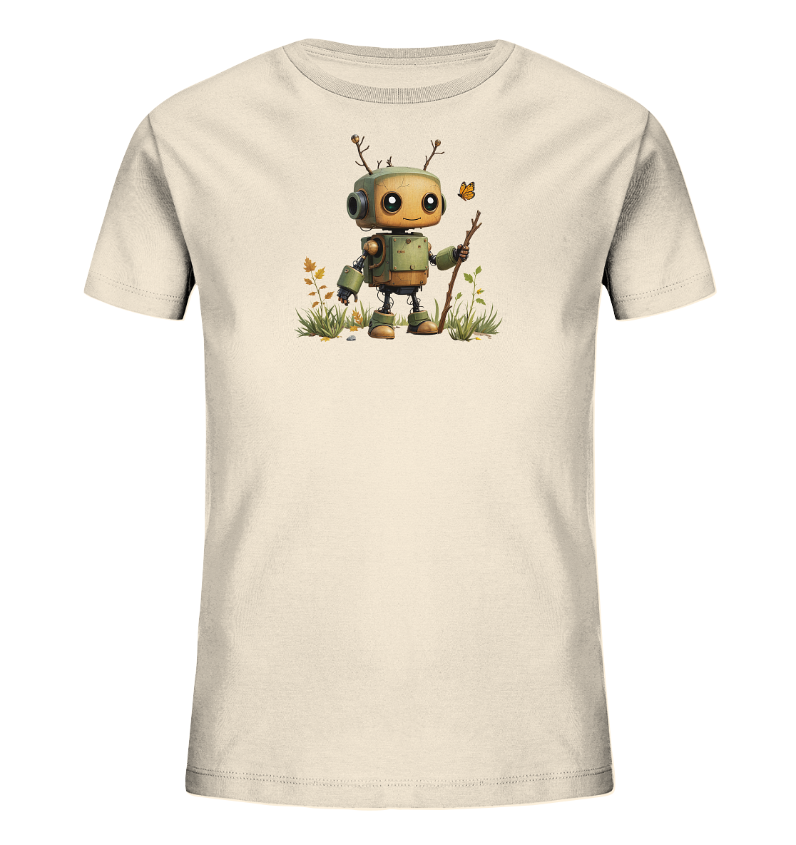 Onlineshop Shirts für Kinder - Das Bild zeigt ein helles T-Shirt mit einem detailreichen Druck auf der Vorderseite. Darauf ist ein freundlicher, grüner Roboter mit Ast-ähnlichen Antennen und großen Augen zu sehen. Der Roboter steht in einer Umgebung mit Gras, Blättern und kleinen Steinen und hält einen Stock in der Hand. Ein kleiner, orangefarbener Schmetterling fliegt neben ihm, was dem Motiv eine verspielte und naturverbundene Note verleiht.