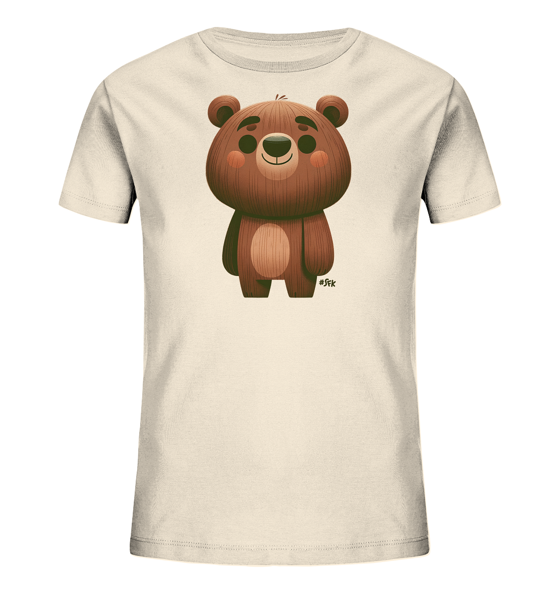 Onlineshop Shirts fuer Kinder - Das Bild zeigt ein hellbeiges T-Shirt mit einem suessen Comic-Baeren auf der Vorderseite. Der Baer ist braun, hat runde Ohren, rosige Wangen und ein freundliches Laecheln. Die Illustration hat eine strukturierte Oberflaeche und zeigt den Baeren stehend in der Mitte des Shirts.