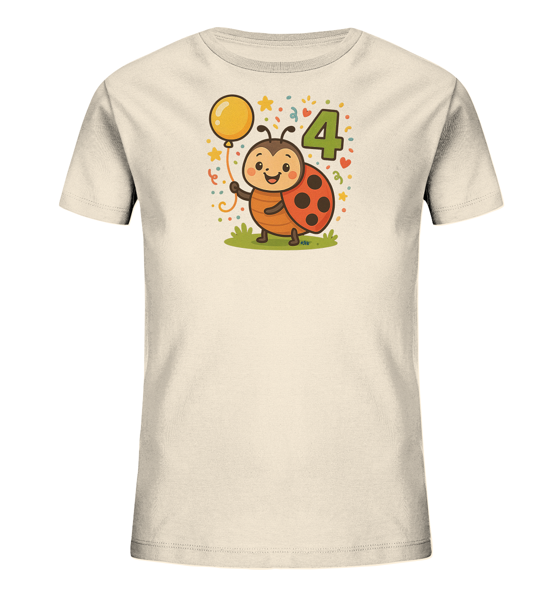 Onlineshop Shirts fuer Kinder - Das Bild zeigt ein beiges Kinder-T-Shirt mit einem farbenfrohen Print. Zentral ist ein laechelnder Marienkaefer abgebildet, der einen gelben Ballon haelt. Neben dem Marienkaefer steht die grosse gruene Zahl '4', umgeben von kleinen Sternen, Herzen und Konfetti, was ein festliches Thema andeutet. Das Design wirkt froehlich und verspielt.