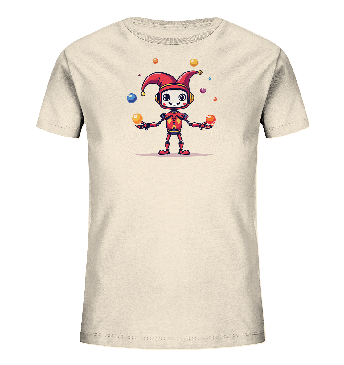 Onlineshop Shirts für Kinder - Das Bild zeigt ein cremefarbenes T-Shirt für Kinder. Auf der Vorderseite ist eine farbenfrohe Illustration eines Roboters in einem roten Narrenkostüm abgebildet. Der Roboter hat ein freundliches Gesicht und jongliert mit mehreren bunten Kugeln in verschiedenen Größen. Das Design wirkt fröhlich und verspielt und ist ideal für Kinderkleidung geeignet.